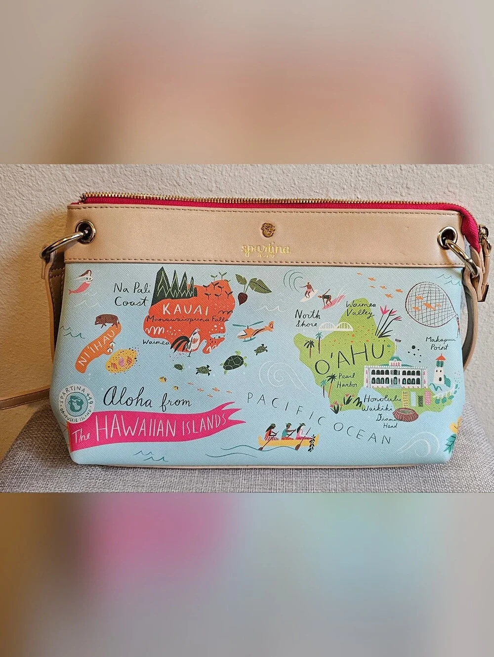 Spartina 449 Hawaiian Islands Printed Wristlet Pouch in Light Blue and Tan